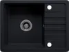 A black granite kitchen sink with a drainer and a silver drain cover. Produktbild-Vorschau
