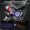 A close-up view of a cordless vacuum cleaner motor, with comparison graphs below. Voir les images du produit