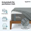 A fitted sheet is shown on a mattress, with text and icons highlighting its features and compatibility with different bed types. Produktbild-Vorschau