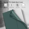 A close-up of a dark green tablet case, showing its flexible TPU matte back cover being peeled back to reveal a white surface underneath. Icons and text highlighting product features are displayed at the top. Produktbild-Vorschau