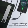 A USB-C hub is connected to a tablet and a smartphone, with the smartphone displaying a charging icon and percentage. Produktbild-Vorschau