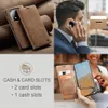Collage of images showing a brown leather phone case, a man using a phone with the case, and a close-up of the case with cards and cash. Produktbild-Vorschau