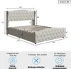 A diagram showing the dimensions of a bed frame, along with icons indicating capacity, tools, and assembly time. Náhľad obrázku produktu