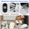 Collage showing how to view recorded videos from a thumb-sized sports camera, with a lifestyle shot of a family and dog at the bottom. Produktbild-Vorschau