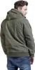 A man wearing a green hooded jacket and blue jeans, shown from the back and side. Náhled obrázku produktu