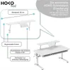 A diagram and a product shot of a white desk extension and a white adjustable desk. Produktbild-Vorschau