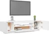 A white TV stand with a mounted gray TV on a white background. Produktbild-Vorschau