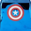 A close-up of a blue backpack with Captain America's shield emblem. Podgląd zdjęcia produktu