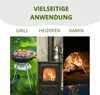 A collage showing different uses of wood briquettes: grilling, a wood stove, and a pizza oven. Produktbild-Vorschau