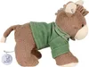 A stuffed toy donkey wearing a green corduroy vest and scarf, with a music box mechanism attached. Anteprima dell’immagine prodotto