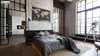 A modern bedroom with a large world map on the wall, a bed with gray bedding, and large industrial-style windows. Anteprima dell’immagine prodotto
