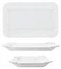 Three views of a white rectangular paper plate with fluted edges. Produktbild-Vorschau