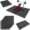 A collage of gym mats and a weight bench with a barbell. Voir les images du produit
