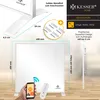 Collage showing a white Kesser infrared heater with dimensions, features, and branding. It also includes a hand holding a smartphone and a remote control. Produktbild-Vorschau