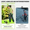 A split image showing a person using a battery-powered lawn trimmer on the left and a person using a gas-powered trimmer with highlighted pain points on the right. Produktbild-Vorschau