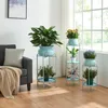 A living room scene with several potted plants on light blue metal plant stands near a window. Voir les images du produit
