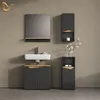 A modern bathroom vanity set with a sink, mirror, and storage cabinets against a textured wall. Produktbild-Vorschau