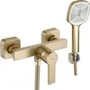 A gold-colored shower faucet and handheld showerhead are shown against a white background. Produktbild-Vorschau