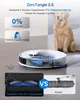 A robotic vacuum cleaner is shown on a floor with a golden retriever dog in the background. The image highlights features of the vacuum cleaner with text overlays and inset images. Produktbild-Vorschau