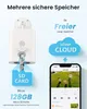 Diagram showing the storage options for a security camera, including SD card and cloud storage, with a smartphone displaying footage. Produktbild-Vorschau