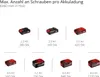The image shows a grid of battery packs with their corresponding capacities and estimated screw counts per charge. Produktbild-Vorschau