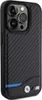 A close-up, angled view of a black iPhone case with a carbon fiber texture and BMW branding. Anteprima dell’immagine prodotto