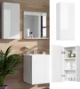 A collage of images showing a white high-gloss bathroom cabinet and vanity. Produktbild-Vorschau
