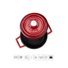 A top-down view of a red enameled cast iron pot with its lid slightly ajar, set against a white background. Below the pot are several small icons representing product features or compatibility. Anteprima dell’immagine prodotto