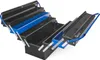 An open, multi-tiered metal toolbox with blue accents, displayed against a white background. Produktbild-Vorschau