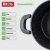A close-up of a black speckled pot with a gray handle, next to a list of compatibility icons and text. Produktbild-Vorschau