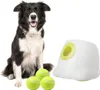 A border collie dog sits next to a white and green automatic ball launcher and three tennis balls. Voir les images du produit