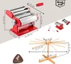A collage of images showing a red pasta machine and a wooden pasta drying rack, with dimensions labeled. Podgląd zdjęcia produktu