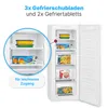 A white freezer with its door open, showing multiple drawers and shelves filled with frozen food items. A circular inset highlights some of the contents and features. Produktbild-Vorschau