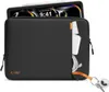 A black laptop/tablet sleeve with accessories and a tablet partially inserted. Produktbild-Vorschau