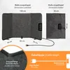 The image shows an unfolded and folded infrared heating panel with dimensions and features highlighted. It also includes a close-up of the textile surface and information about the cable length and control unit. Náhľad obrázku produktu