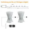 Diagram showing how to connect two strands of LED lights and a separate image of two strands of LED lights connected together with a power adapter. Produktbild-Vorschau