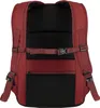 The back view of a red backpack with black mesh padding and straps. Produktbild-Vorschau