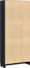 A tall, narrow bookshelf with nine panels on the front, divided into three columns and three rows. The frame is black, and the panels are a light beige or oak-like color. Náhled obrázku produktu