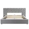 A gray upholstered bed frame with a tufted headboard and integrated reading lights, shown from the front with the mattress slats visible. Náhľad obrázku produktu