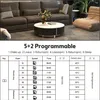 A living room scene with a sofa and coffee table, followed by a diagram showing thermostat programming. Voir les images du produit