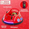 A red electric bumper car for children, with various features highlighted by text overlays and graphics. Produktbild-Vorschau