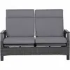 A front view of a two-seater outdoor sofa with gray cushions and a dark gray woven base. Produktbild-Vorschau