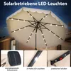 A solar-powered LED umbrella with three inset images showing the solar panel, LED lights, and a switch. Produktbild-Vorschau