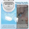 Collage showing a cleaning device for dental prosthetics, emphasizing its features and benefits with text and illustrations. Produktbild-Vorschau