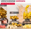 Three glass jars filled with pickles, olives, and peppers, placed on a countertop with some cheese and salami in the foreground. Anteprima dell’immagine prodotto