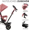 A pink Kinderkraft AVEO tricycle with various accessories highlighted in inset images. Produktbild-Vorschau