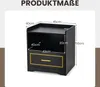 A black nightstand with dimensions indicated by measurement lines and text. Náhled obrázku produktu