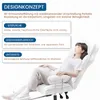 A woman relaxing in a white ergonomic chair, with text overlays describing the chair's features. Náhled obrázku produktu