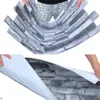 Two images of 3D PVC wall panels with a stone brick pattern. The top image shows a person holding up a curved panel. The bottom image shows a person peeling the backing off a panel. Produktbild-Vorschau