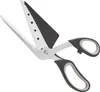 A pair of stainless steel pizza scissors with black and gray handles, shown against a white background. Voir les images du produit